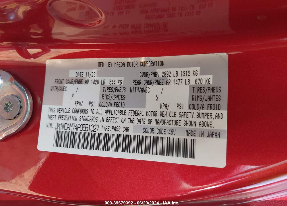2023 MAZDA MX-5 MIATA RF GRAND TOURING VIN: JM1NDAM74P0561027