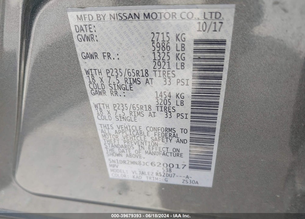 2018 NISSAN PATHFINDER SV VIN: 5N1DR2MN8JC620017