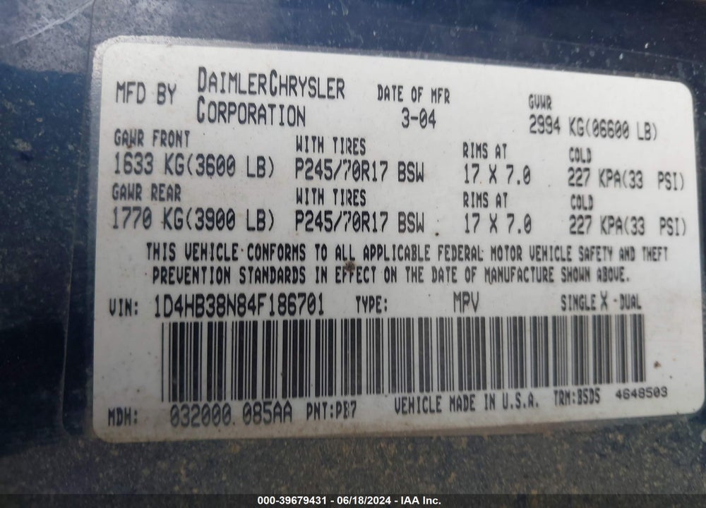 2004 DODGE DURANGO ST VIN: 1D4HB38N84F186701