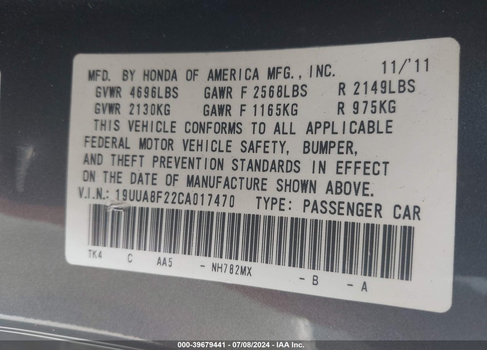 2012 ACURA TL 3.5 VIN: 19UUA8F22CA017470