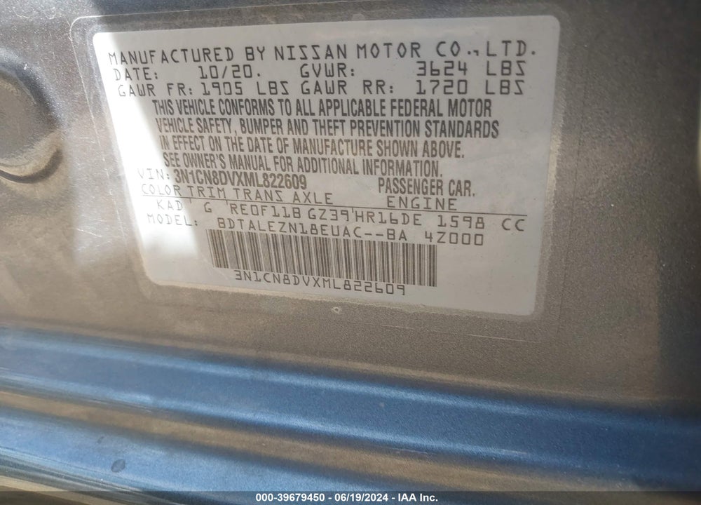2021 NISSAN VERSA S XTRONIC CVT VIN: 3N1CN8DVXML822609