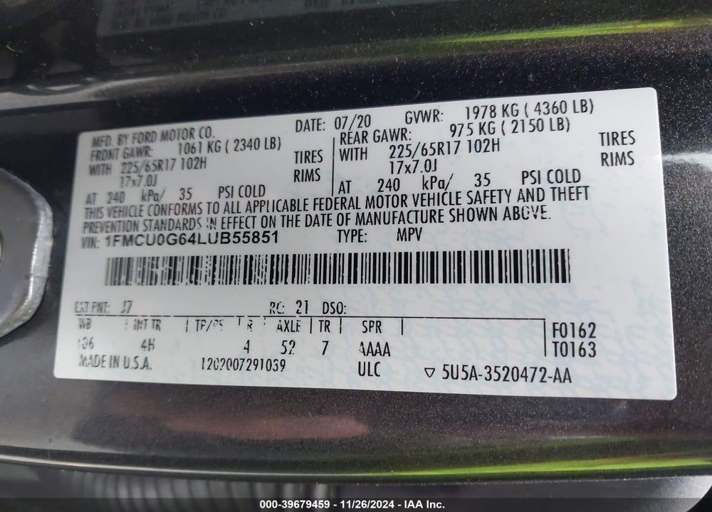 2020 FORD ESCAPE SE VIN: 1FMCU0G64LUB55851