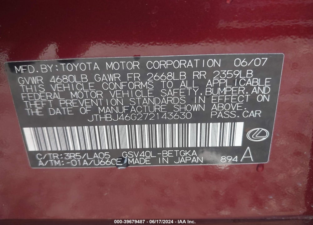 2007 LEXUS ES 350 VIN: JTHBJ46G272143630