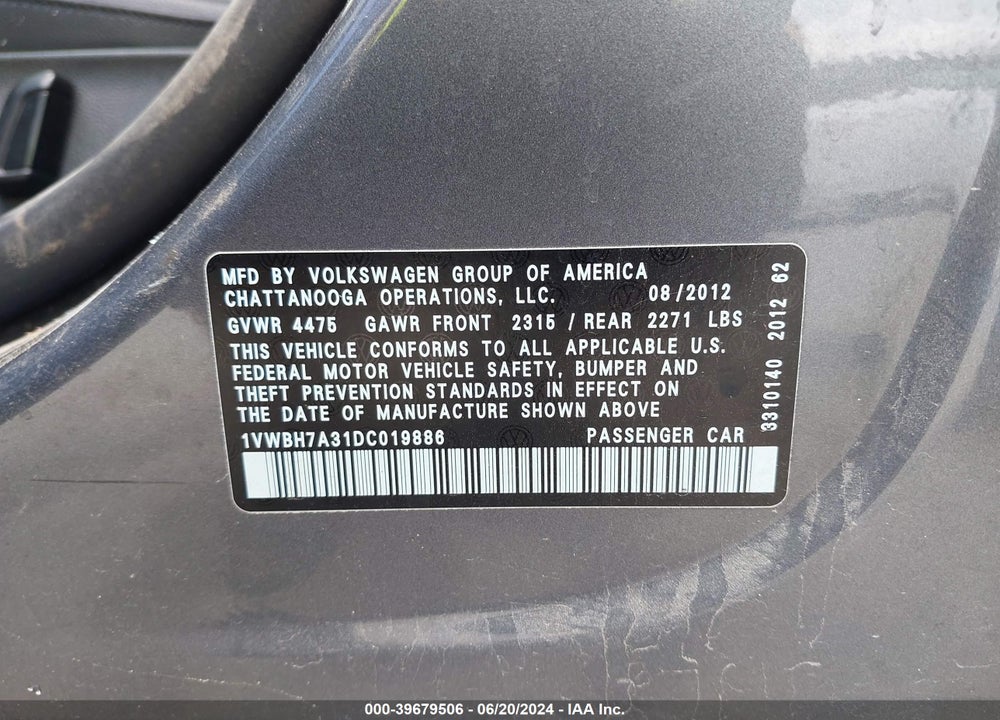 2013 VOLKSWAGEN PASSAT 2.5L SE VIN: 1VWBH7A31DC019886
