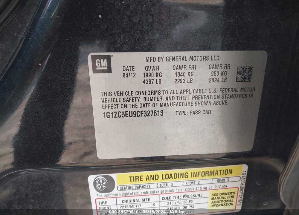 2012 CHEVROLET MALIBU 1LT VIN: 1G1ZC5EU9CF327613