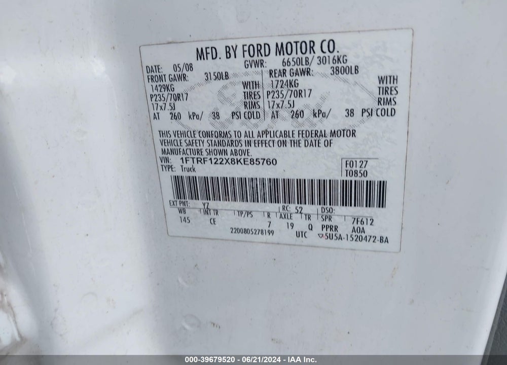 2008 FORD F-150 STX/XL/XLT VIN: 1FTRF122X8KE85760