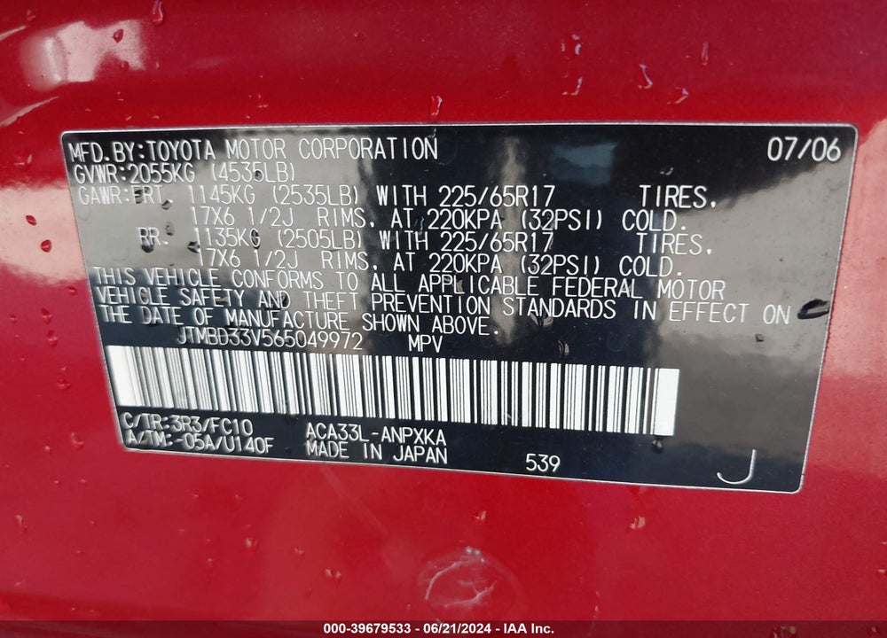2006 TOYOTA RAV4 VIN: JTMBD33V565049972