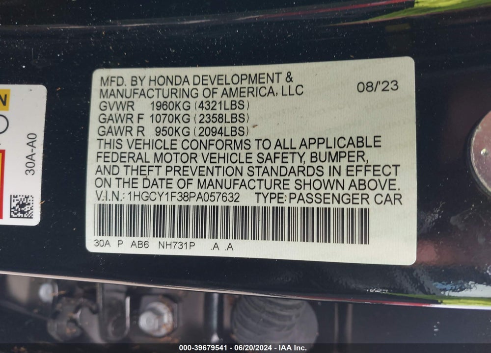 2023 HONDA ACCORD EX VIN: 1HGCY1F38PA057632