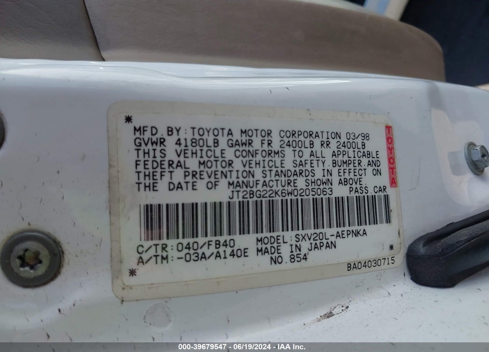 1998 TOYOTA CAMRY LE VIN: JT2BG22K6W0205063