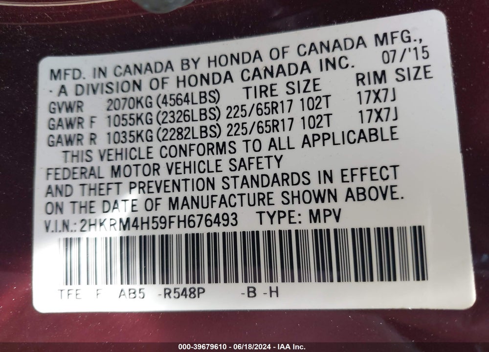 2015 HONDA CR-V EX VIN: 2HKRM4H59FH676493