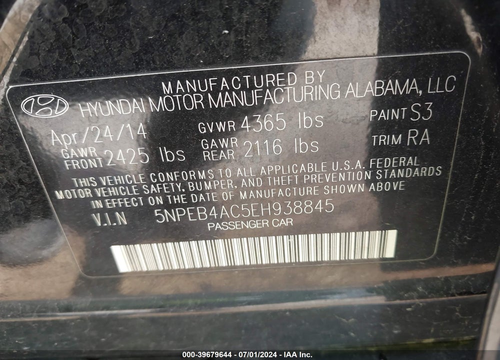 2014 HYUNDAI SONATA GLS VIN: 5NPEB4AC5EH938845