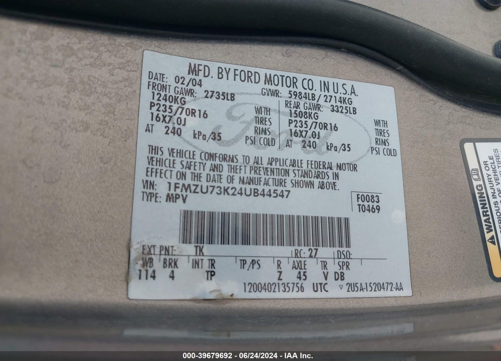 2004 FORD EXPLORER NBX/XLT VIN: 1FMZU73K24UB44547