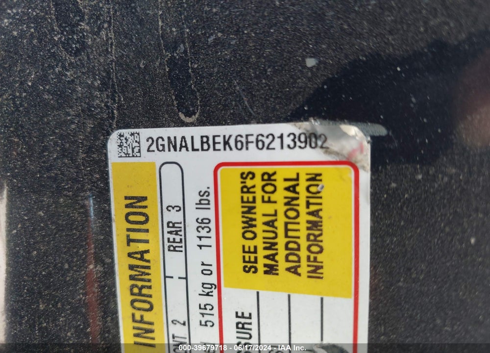 2015 CHEVROLET EQUINOX 1LT VIN: 2GNALBEK6F6213902