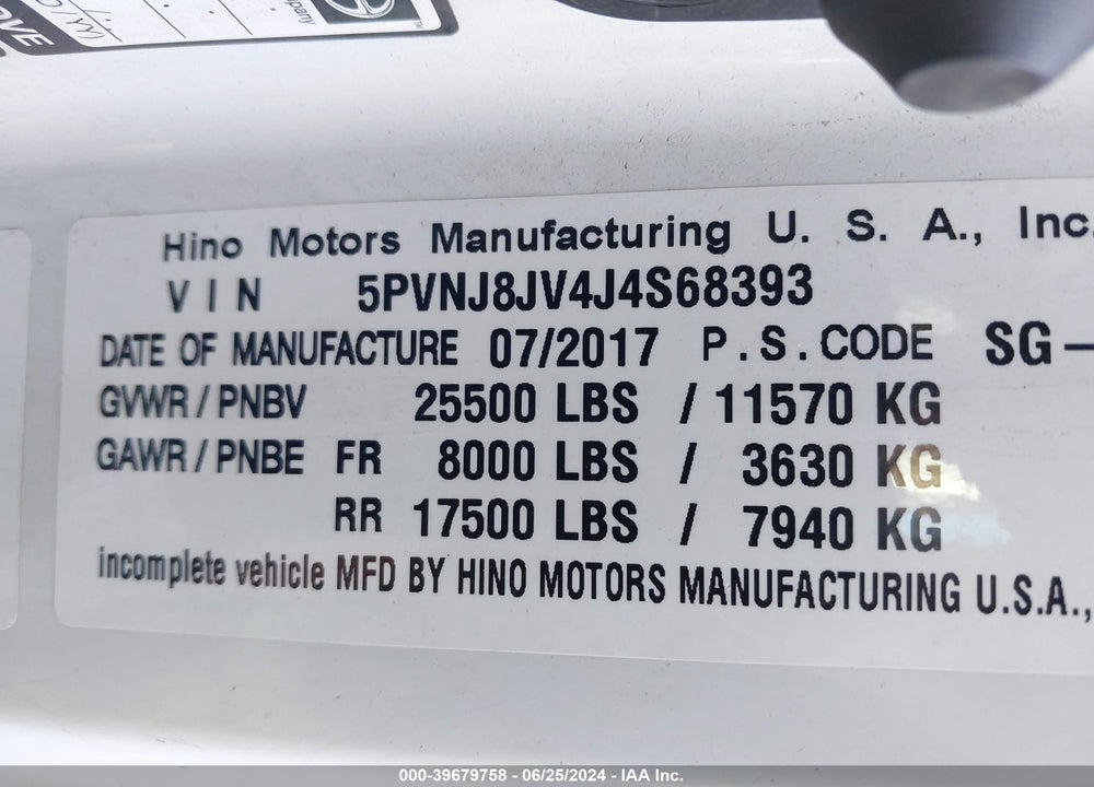 2018 HINO 258/268 VIN: 5PVNJ8JV4J4S68393