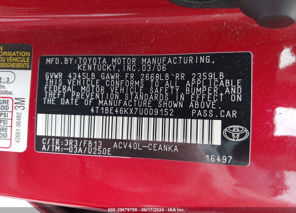 2007 TOYOTA CAMRY LE VIN: 4T1BE46KX7U009152