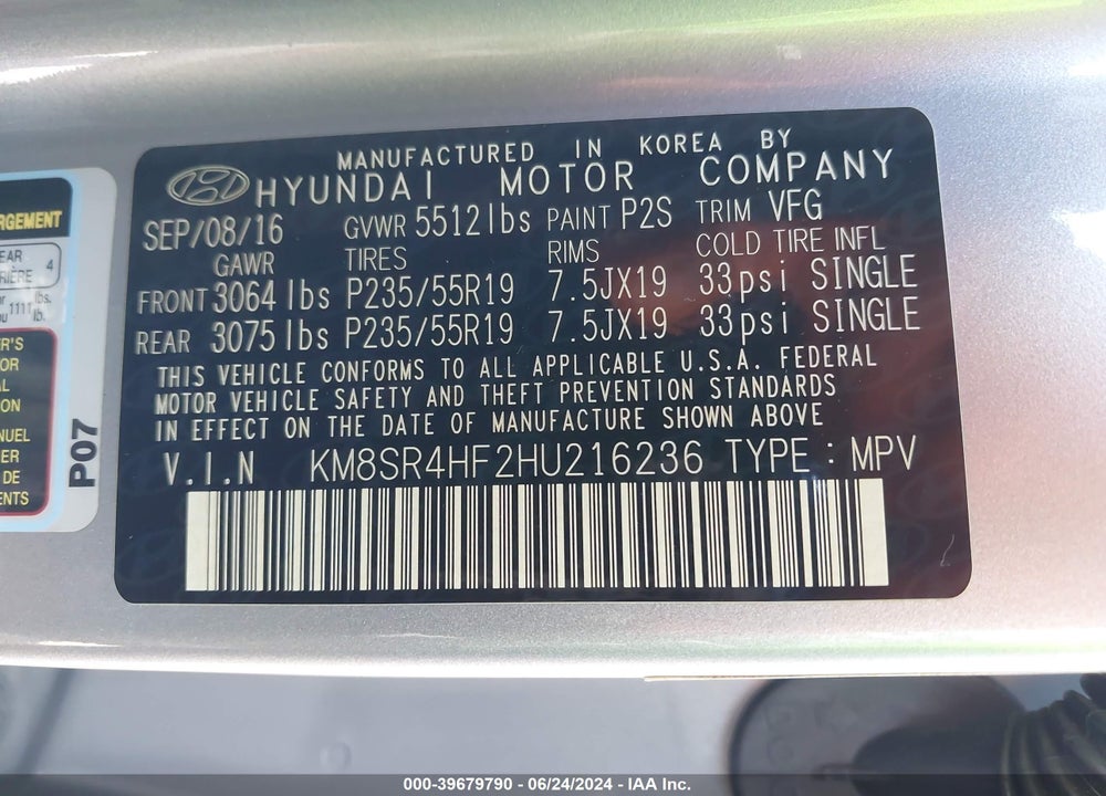 2017 HYUNDAI SANTA FE LIMITED ULTIMATE VIN: KM8SR4HF2HU216236