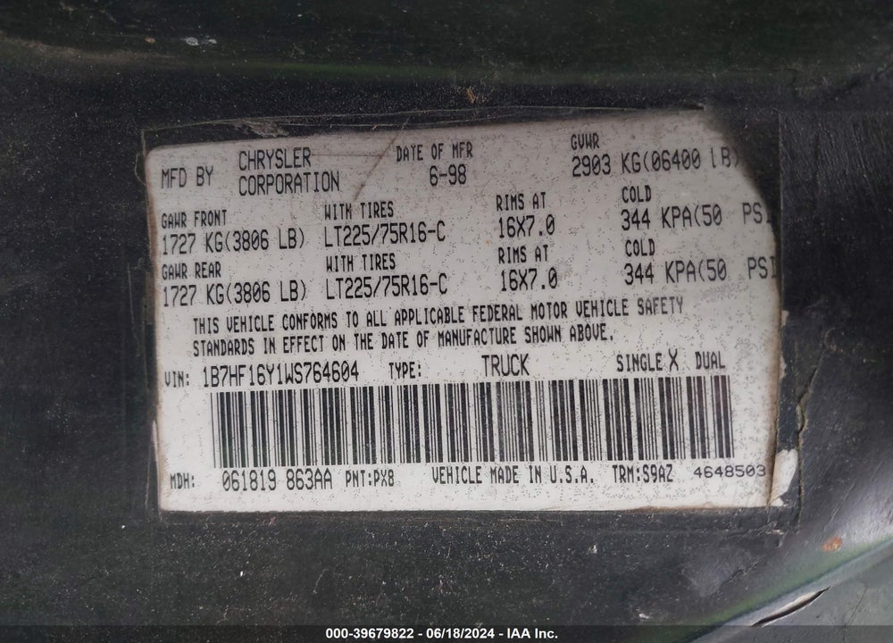 1998 DODGE RAM 1500 ST VIN: 1B7HF16Y1WS764604