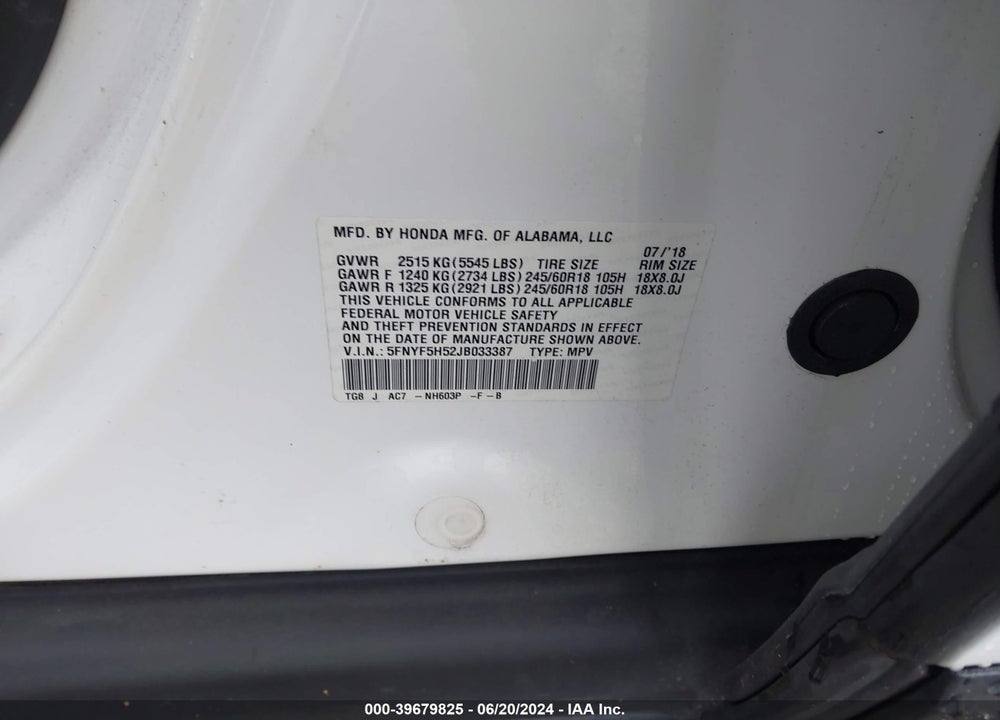 2018 HONDA PILOT EX-L VIN: 5FNYF5H52JB033387