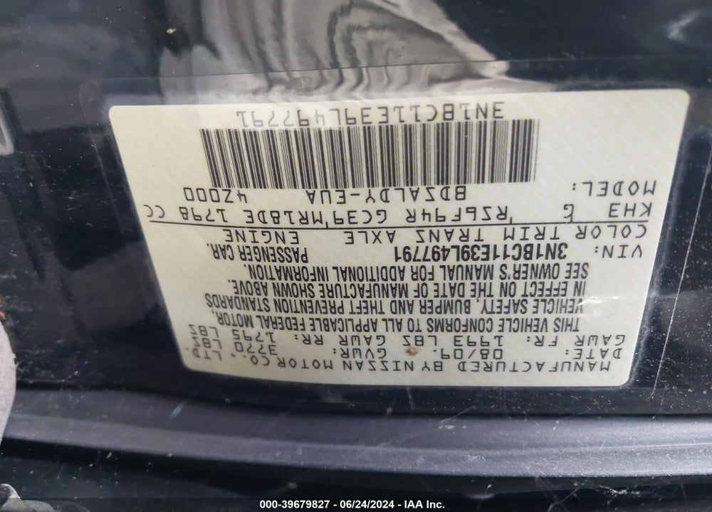 2009 NISSAN VERSA VIN: 3N1BC11E39L497791