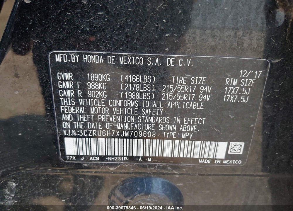 2018 HONDA HR-V EX-L VIN: 3CZRU6H7XJM709608