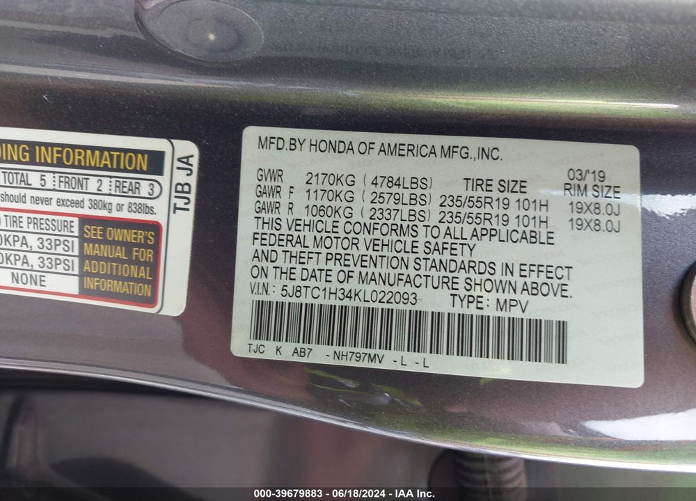 2019 ACURA RDX STANDARD VIN: 5J8TC1H34KL022093