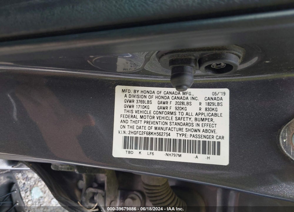 2019 HONDA CIVIC LX VIN: 2HGFC2F68KH562754