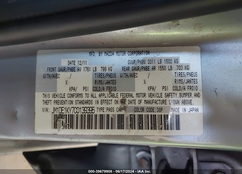 2012 MAZDA 2 SPORT VIN: JM1DE1KY7C0139395