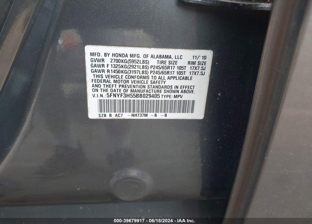 2011 HONDA PILOT EX-L VIN: 5FNYF3H55BB029405