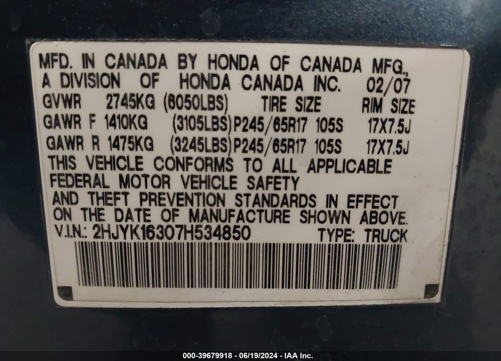 2007 HONDA RIDGELINE RTX VIN: 2HJYK16307H534850