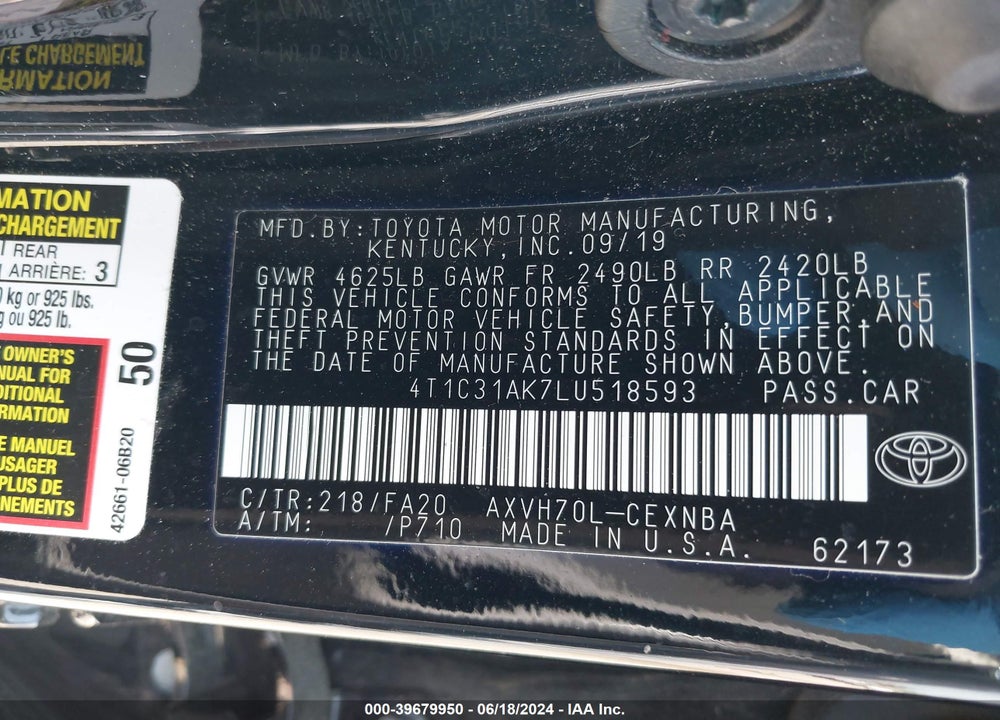 2020 TOYOTA CAMRY LE HYBRID VIN: 4T1C31AK7LU518593