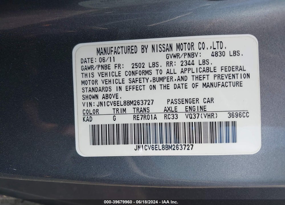 2011 INFINITI G37X VIN: JN1CV6EL8BM263727
