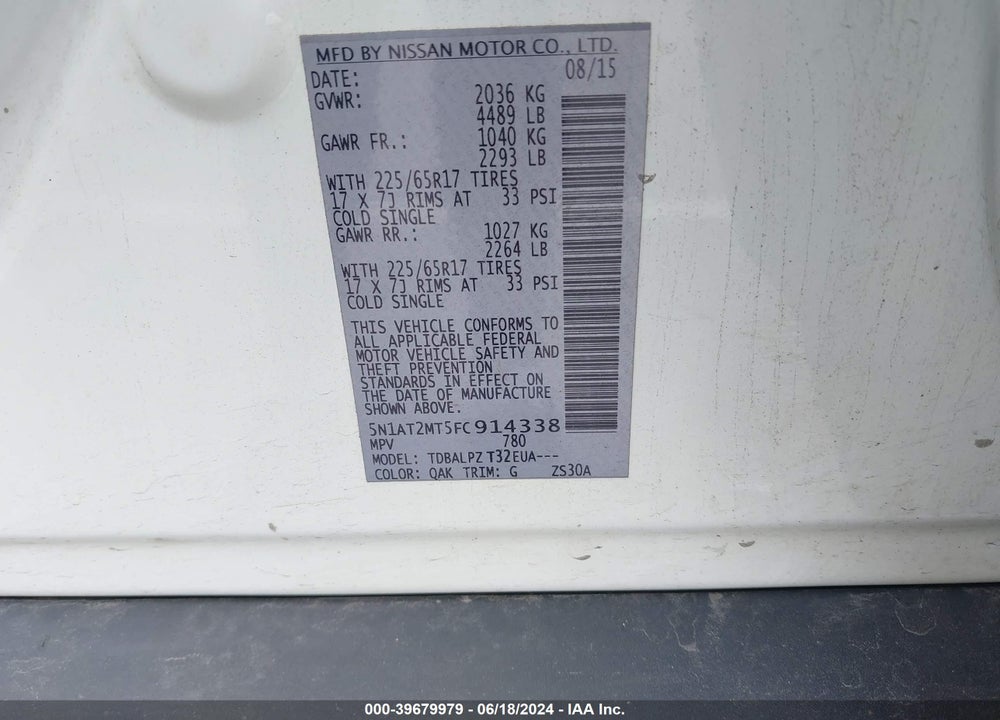 2015 NISSAN ROGUE S/SL/SV VIN: 5N1AT2MT5FC914338