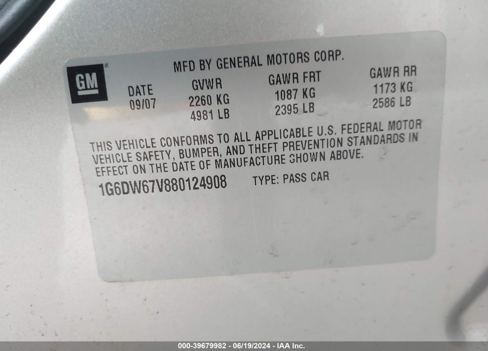 2008 CADILLAC STS V6 VIN: 1G6DW67V880124908