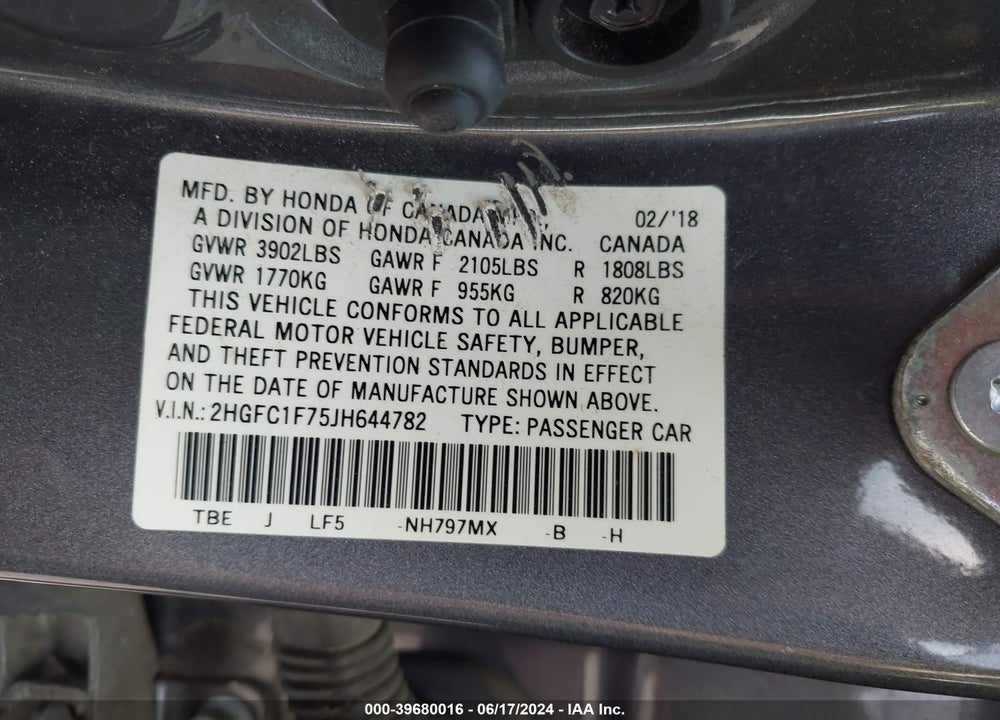 2018 HONDA CIVIC EX-L VIN: 2HGFC1F75JH644782