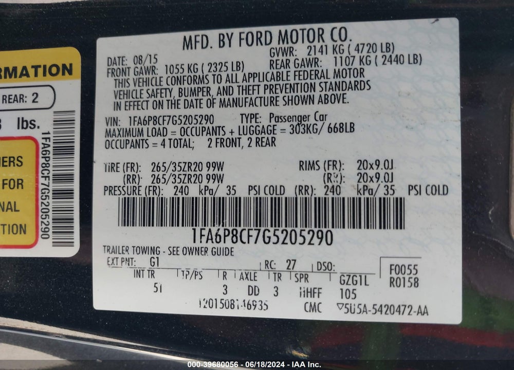 2016 FORD MUSTANG GT PREMIUM VIN: 1FA6P8CF7G5205290