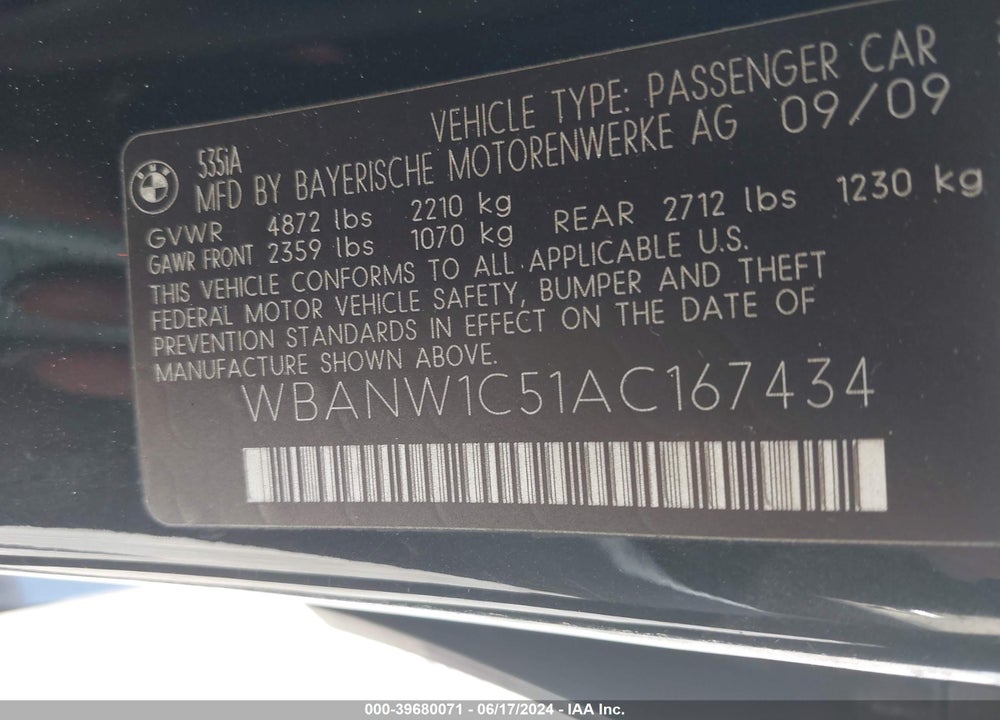 2010 BMW 535I VIN: WBANW1C51AC167434