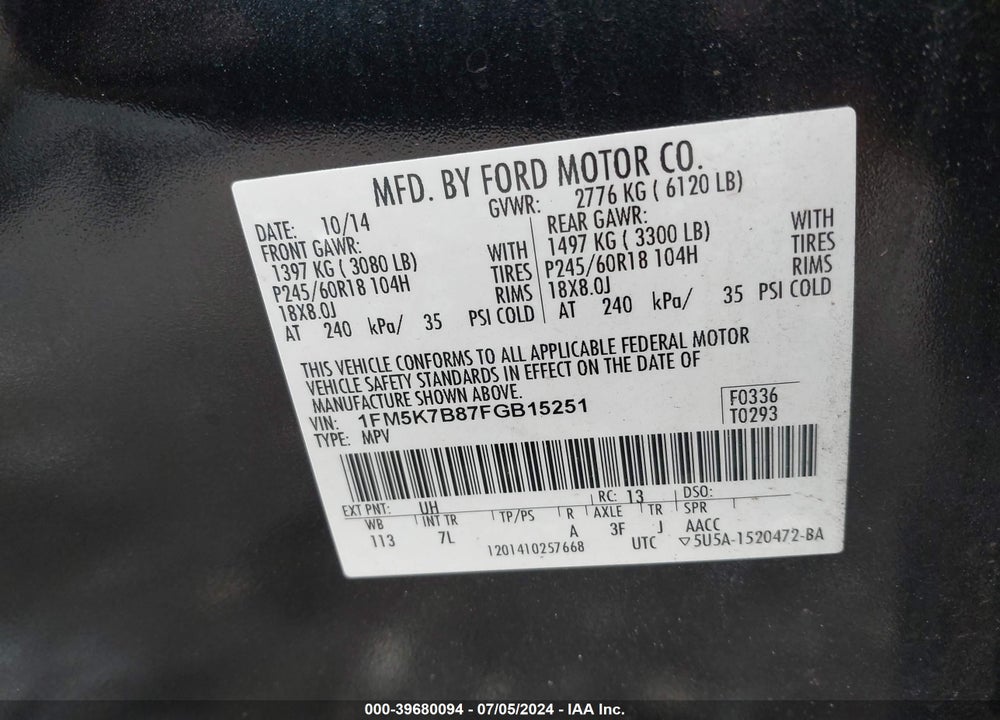 2015 FORD EXPLORER VIN: 1FM5K7B87FGB15251