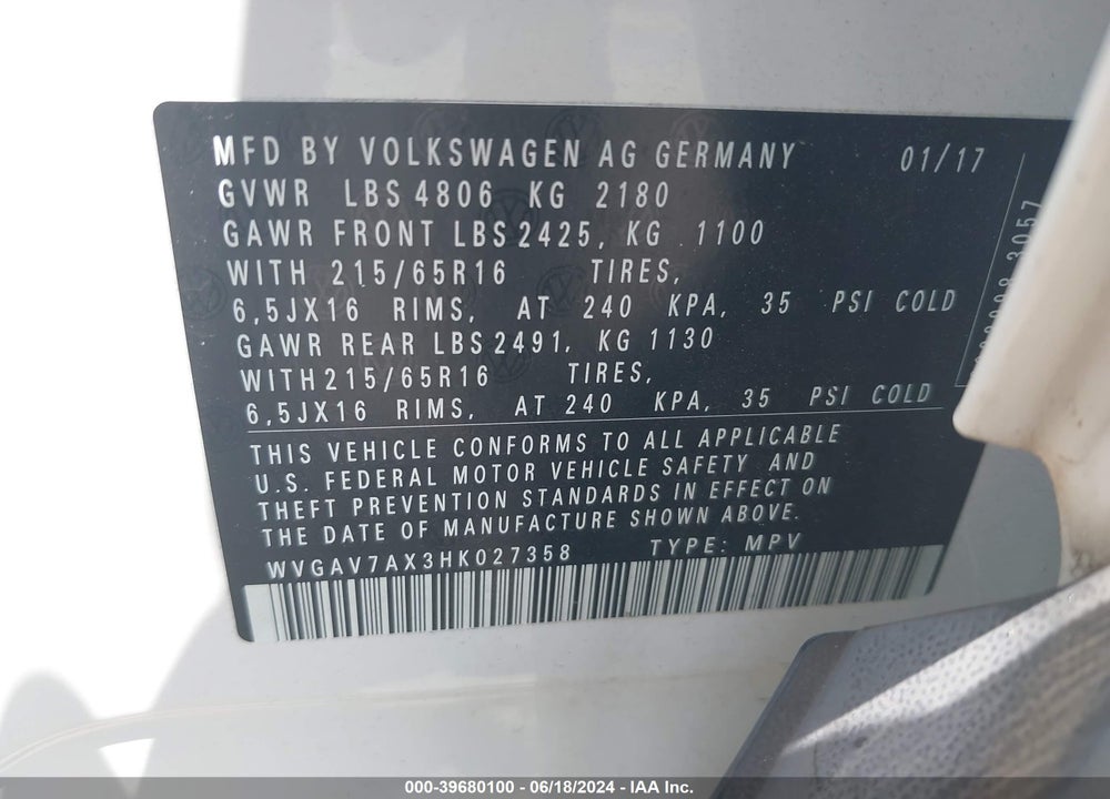 2017 VOLKSWAGEN TIGUAN 2.0T/2.0T S VIN: WVGAV7AX3HK027358