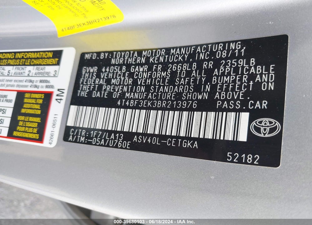 2011 TOYOTA CAMRY XLE VIN: 4T4BF3EK3BR213976