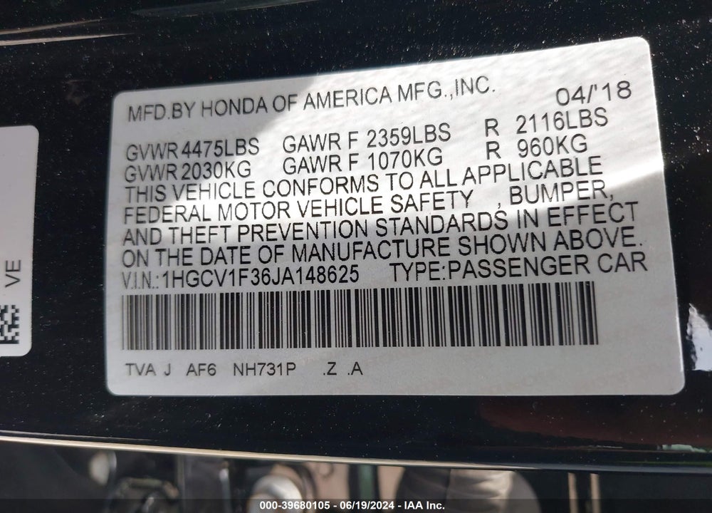 2018 HONDA ACCORD SPORT VIN: 1HGCV1F36JA148625