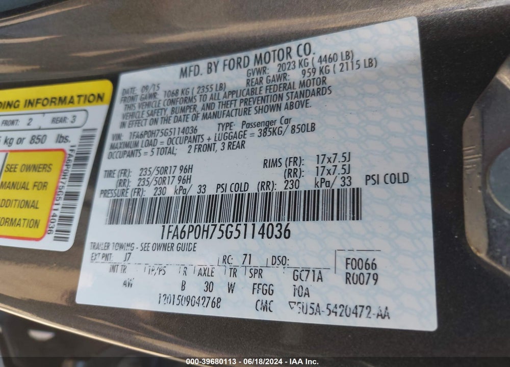 2016 FORD FUSION SE VIN: 1FA6P0H75G5114036