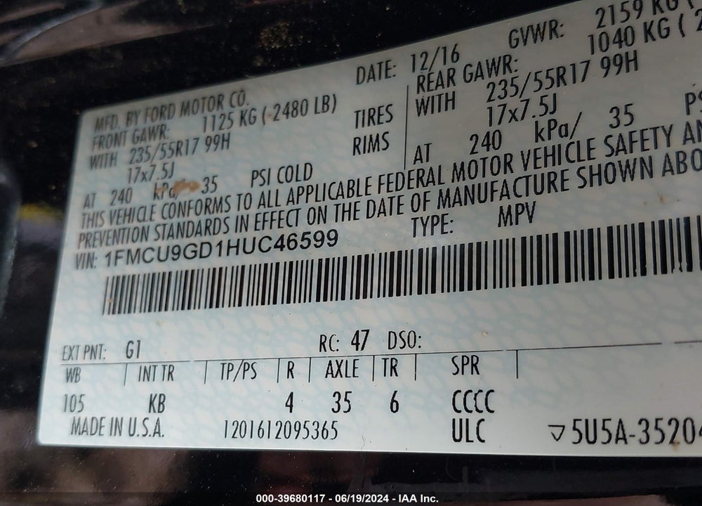 2017 FORD ESCAPE SE VIN: 1FMCU9GD1HUC46599