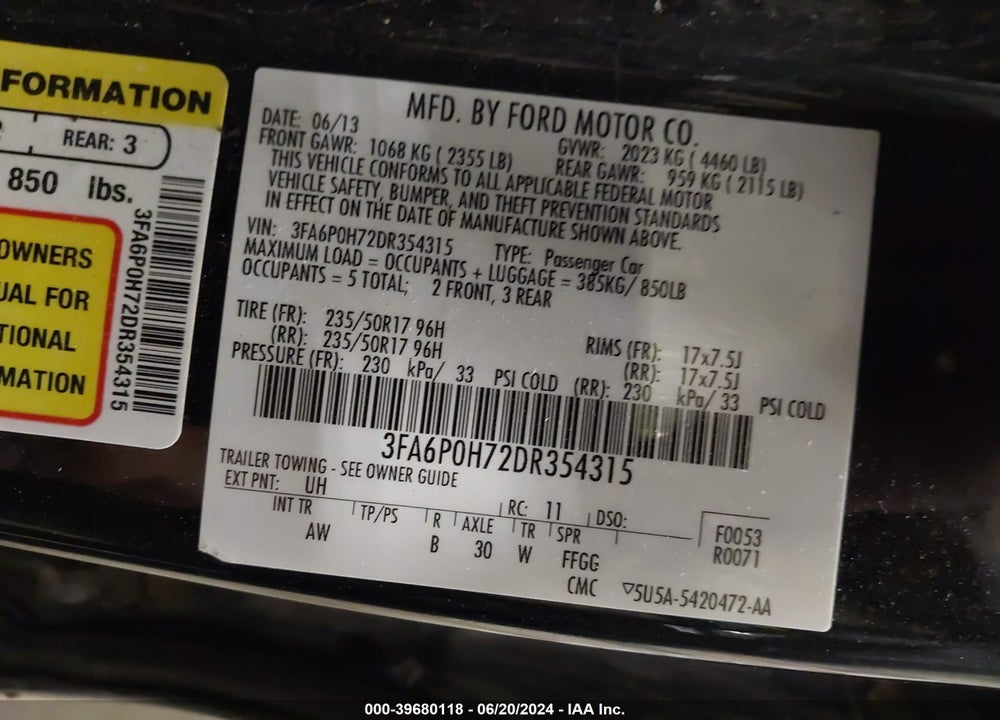 2013 FORD FUSION VIN: 3FA6P0H72DR354315