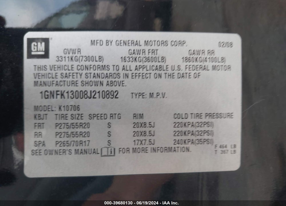 2008 CHEVROLET TAHOE LTZ VIN: 1GNFK13008J210892