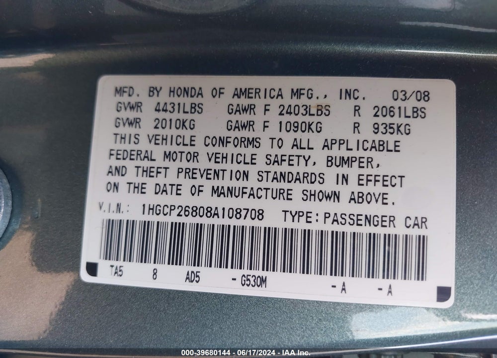 2008 HONDA ACCORD 2.4 EX-L VIN: 1HGCP26808A108708
