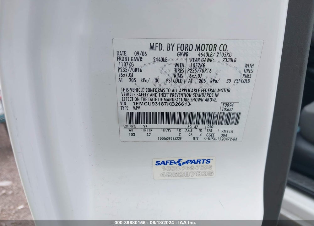 2007 ESCAPE FORD  XLT/XLT SPORT VIN: 1FMCU93187KB26613