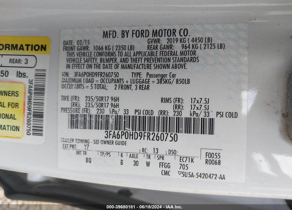 2015 FORD FUSION SE VIN: 3FA6P0HD9FR260750