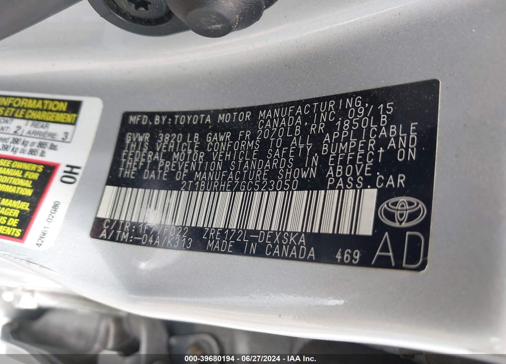 2016 TOYOTA COROLLA S PLUS VIN: 2T1BURHE7GC523050