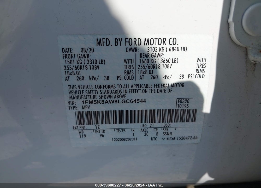 2020 FORD POLICE INTERCEPTOR UTILITY VIN: 1FM5K8AW8LGC64544