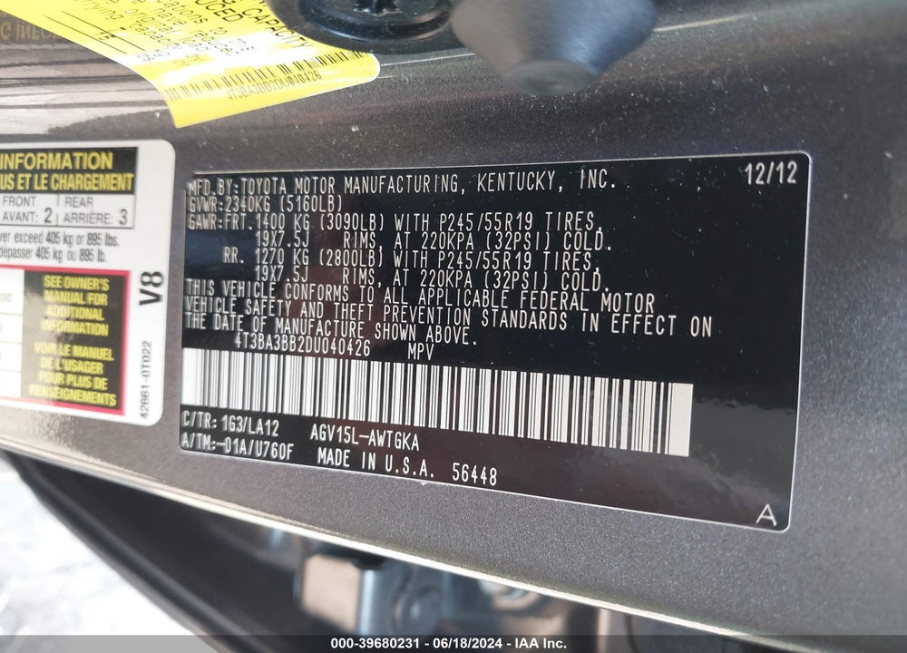 2013 TOYOTA VENZA XLE VIN: 4T3BA3BB2DU040426